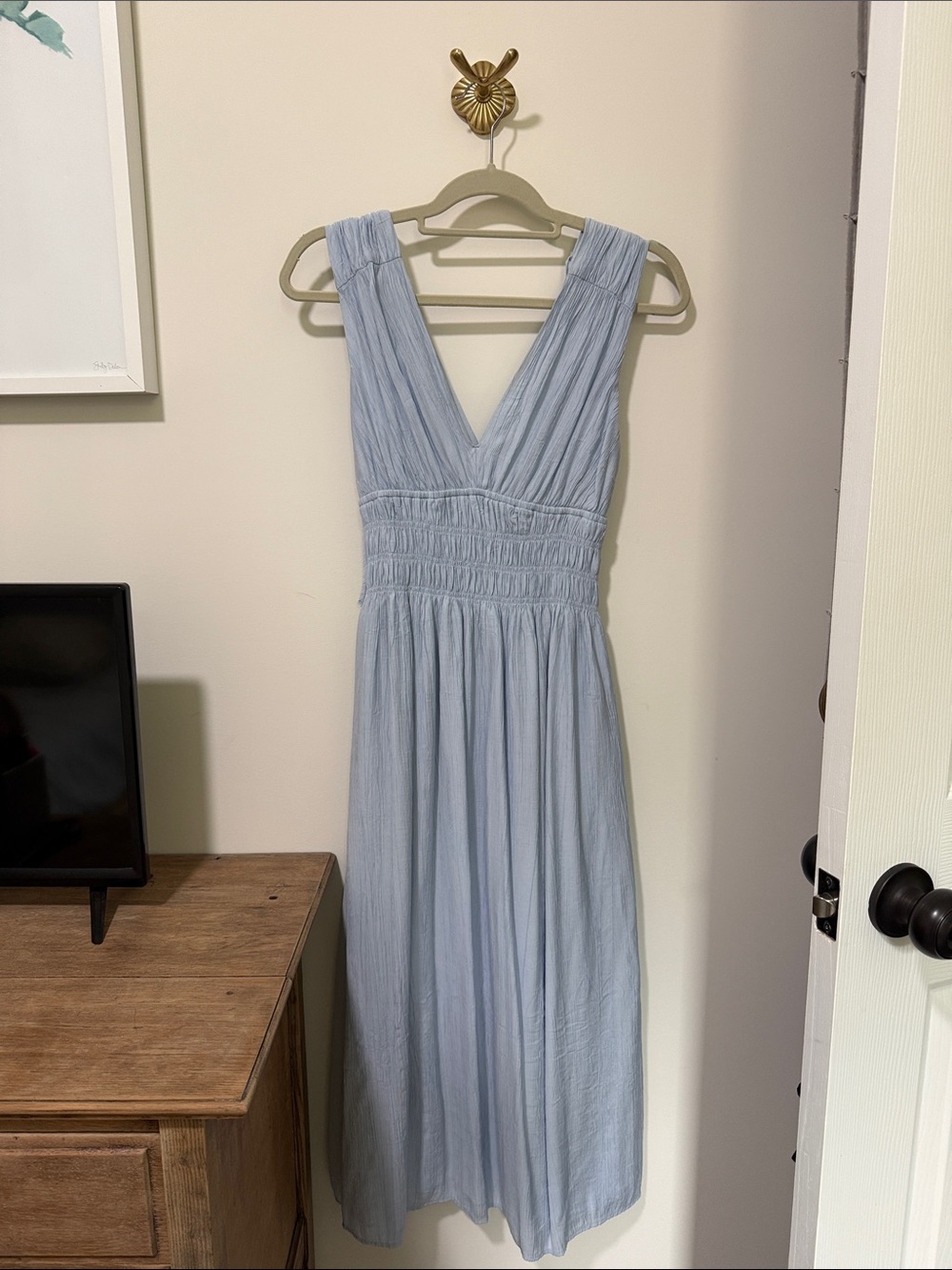 Abercrombie & Fitch Light Blue V-Neck Smocked Waist Maxi Dress